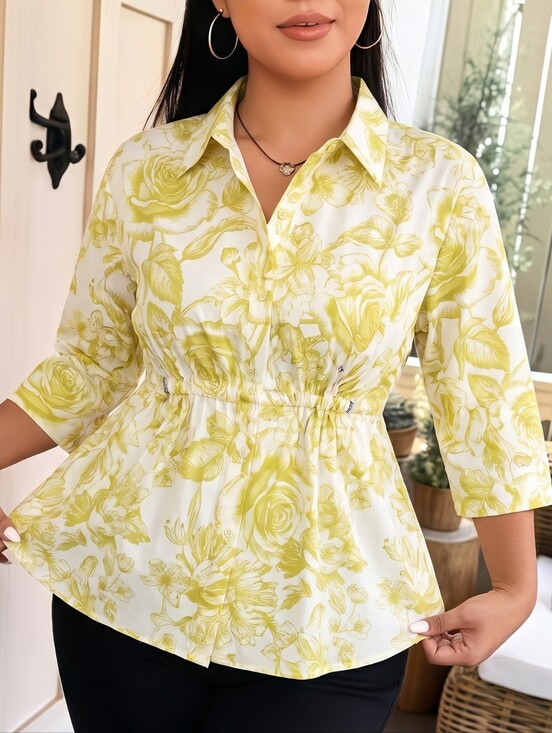 Carla Rockmore Tops - Carla Rockmore Womens Yellow Floral Cinch Waist Preppy Coastal Shirt Sz XL